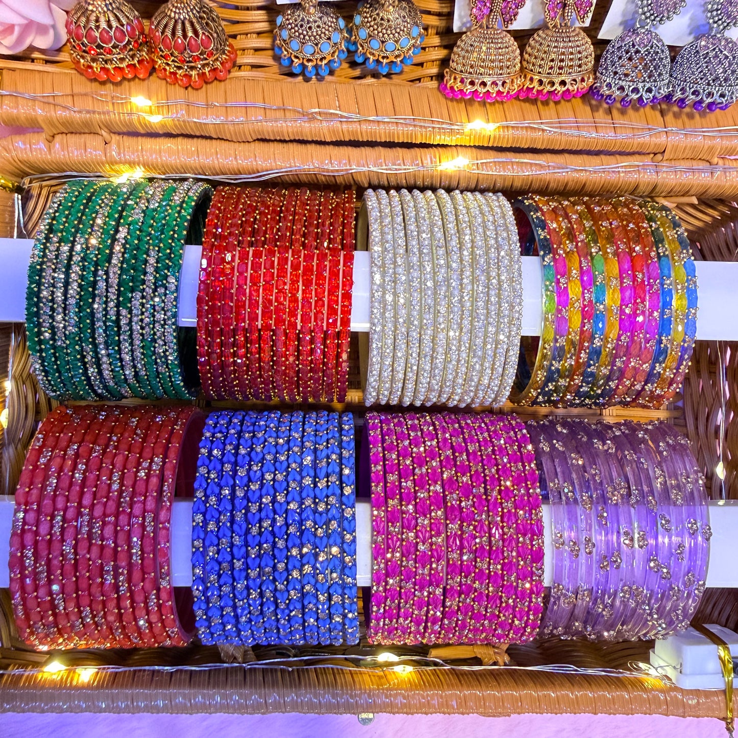 8 Dozen Trending Glass Bangles with Matching Jimuka Earrings Combo Set | Premium Gift Box