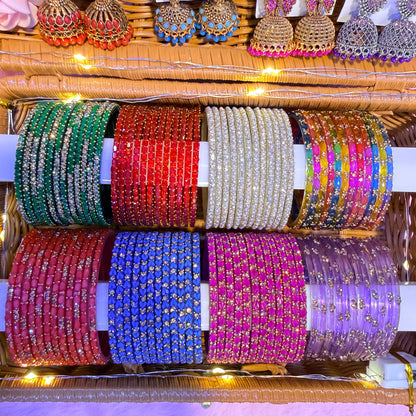 8 Dozen Trending Glass Bangles with Matching Jimuka Earrings Combo Set | Premium Gift Box