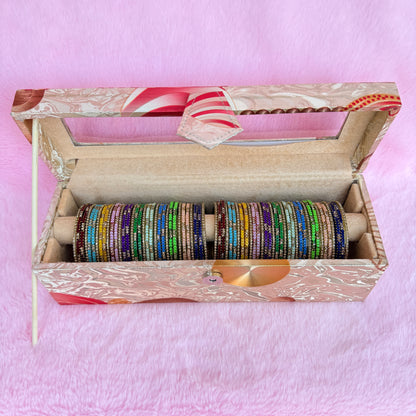 Premium Valaikappu Combo – 5 Heart Glass Bangles (44 pcs) with Crystal Stone Side Bangles (24 pcs) | 11 Colors Gift Box Set