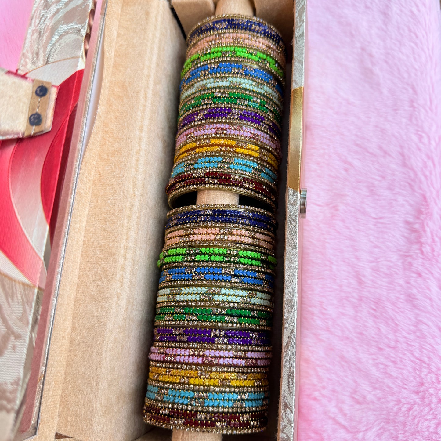 Premium Valaikappu Combo – 5 Heart Glass Bangles (44 pcs) with Crystal Stone Side Bangles (24 pcs) | 11 Colors Gift Box Set