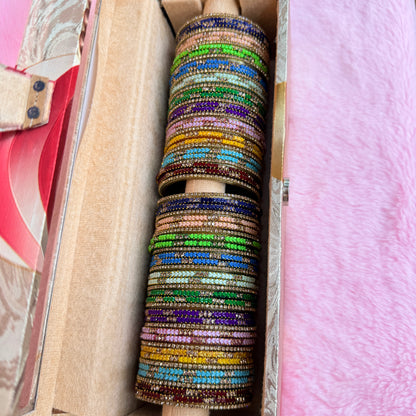 Premium Valaikappu Combo – 5 Heart Glass Bangles (44 pcs) with Crystal Stone Side Bangles (24 pcs) | 11 Colors Gift Box Set