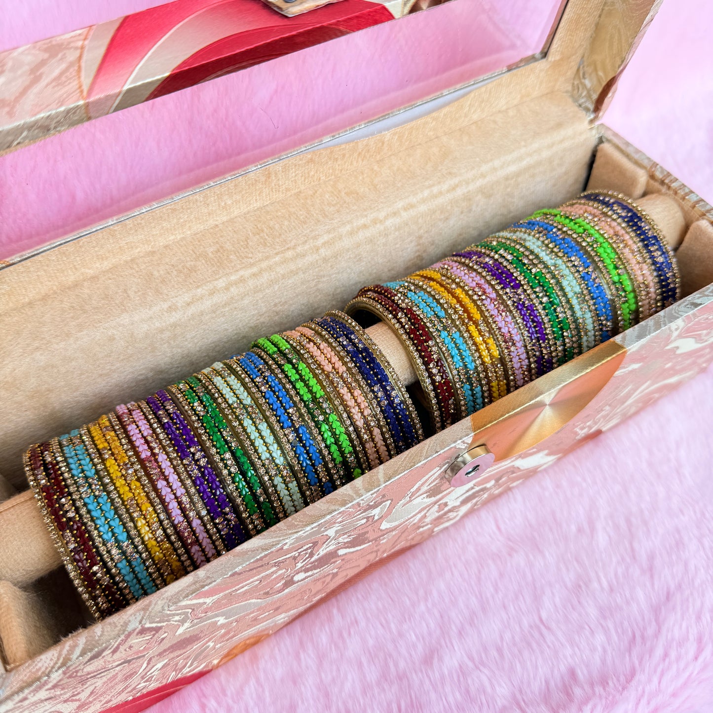 Premium Valaikappu Combo – 5 Heart Glass Bangles (44 pcs) with Crystal Stone Side Bangles (24 pcs) | 11 Colors Gift Box Set