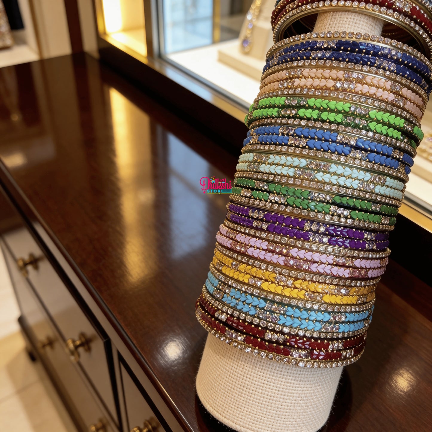 Premium Valaikappu Combo – 5 Heart Glass Bangles (44 pcs) with Crystal Stone Side Bangles (24 pcs) | 11 Colors Gift Box Set
