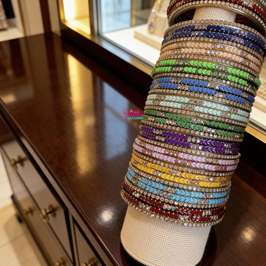 Premium Valaikappu Combo – 5 Heart Glass Bangles (44 pcs) with Crystal Stone Side Bangles (24 pcs) | 11 Colors Gift Box Set