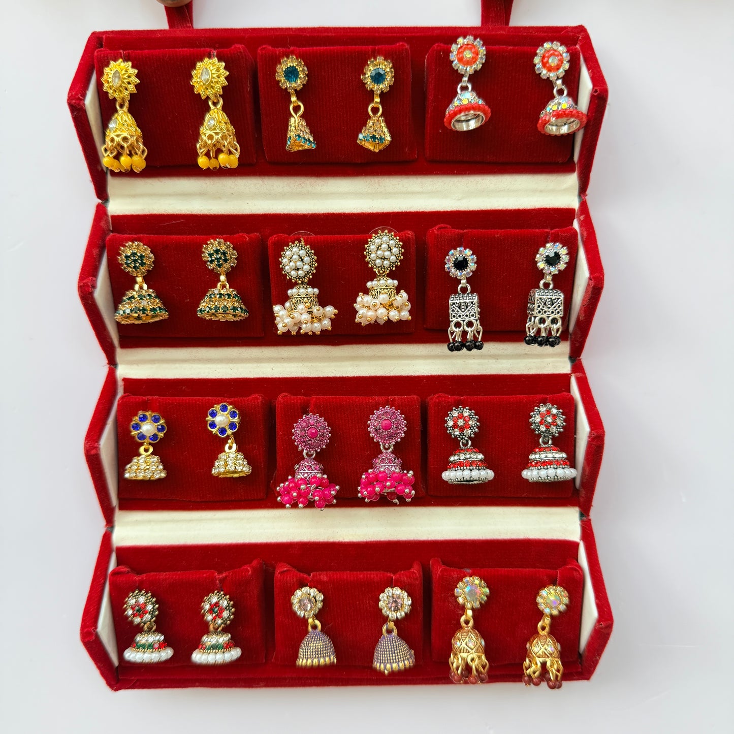 Premium Traditional Jhumka Earrings Combo Box – 12 Pairs Ethnic Stone & Pearl Collection