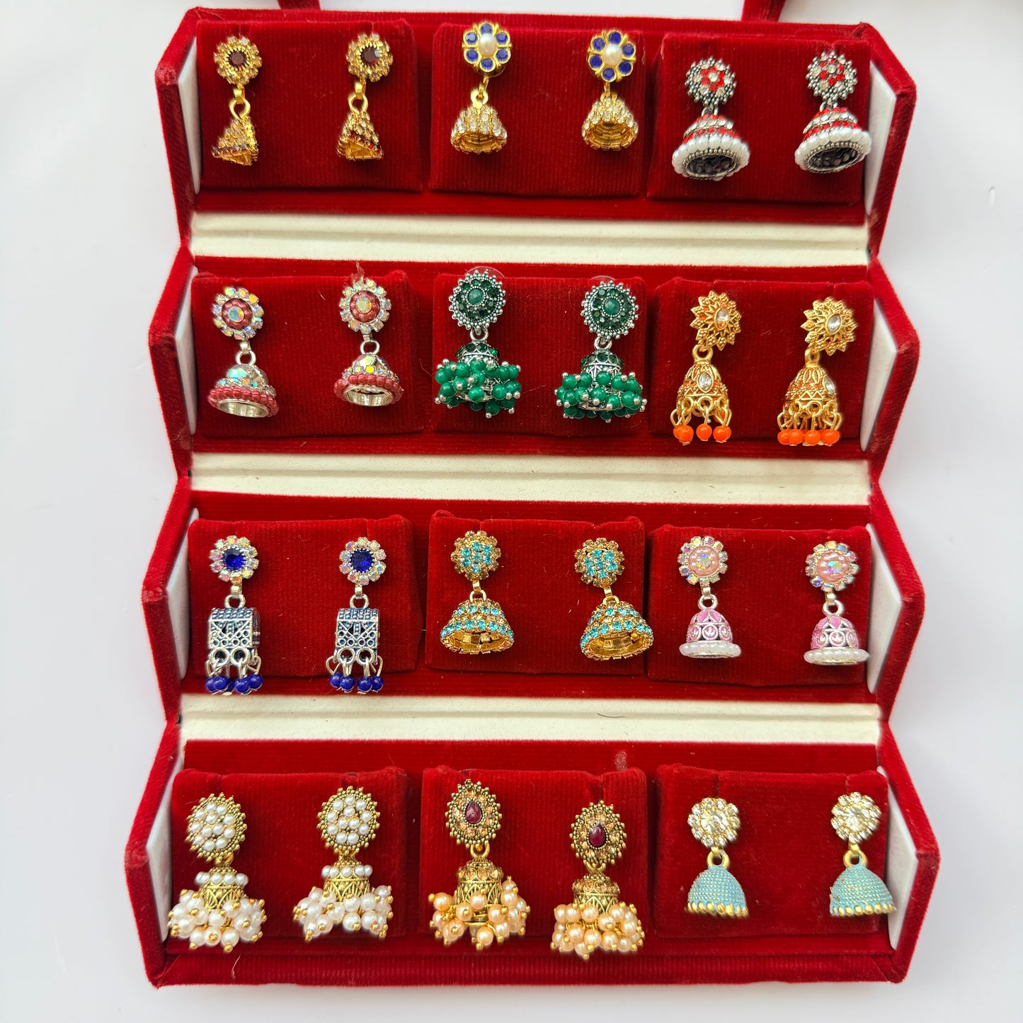 Premium Traditional Jhumka Earrings Combo Box – 12 Pairs Ethnic Stone & Pearl Collection