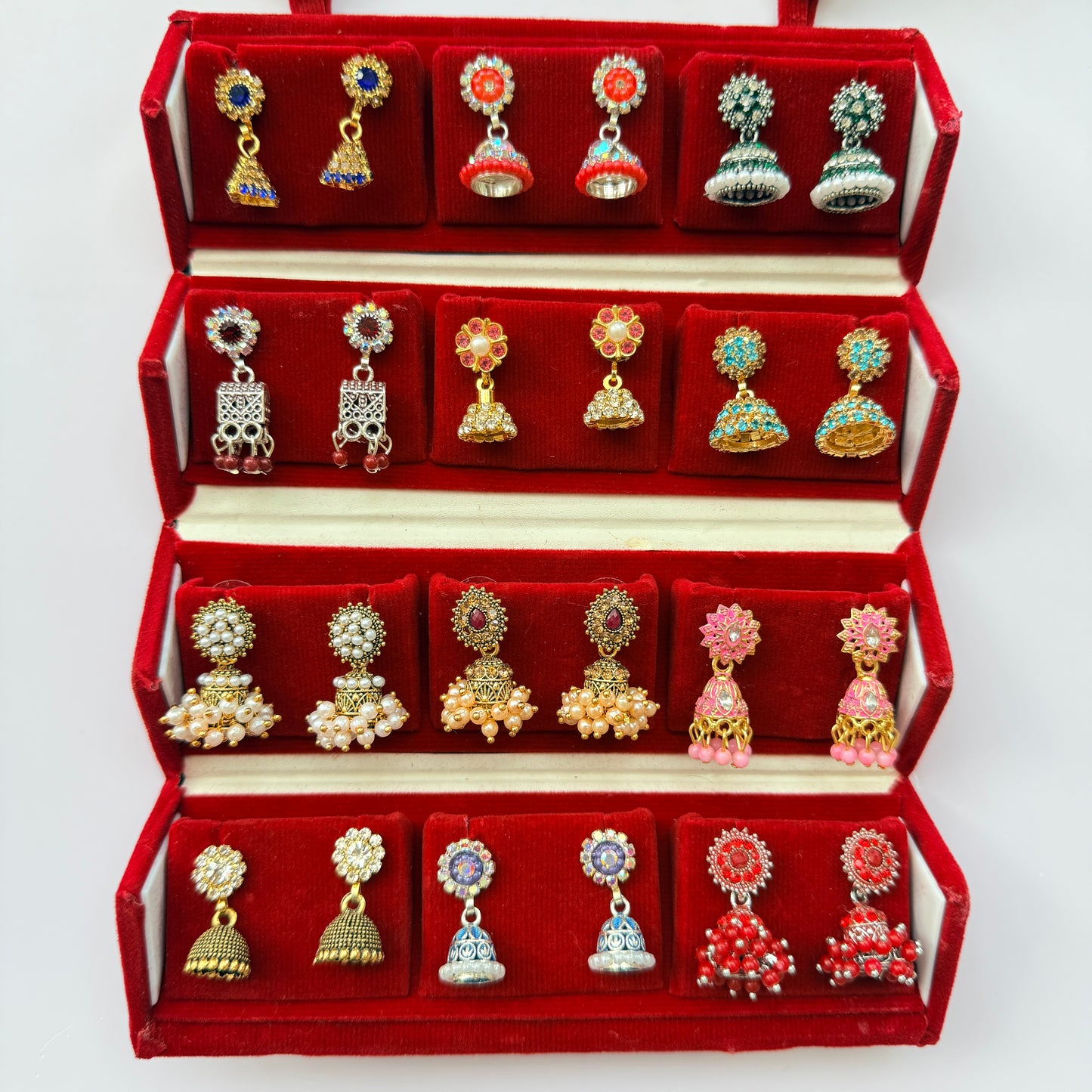 Premium Traditional Jhumka Earrings Combo Box – 12 Pairs Ethnic Stone & Pearl Collection