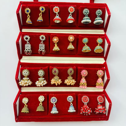 Premium Traditional Jhumka Earrings Combo Box – 12 Pairs Ethnic Stone & Pearl Collection