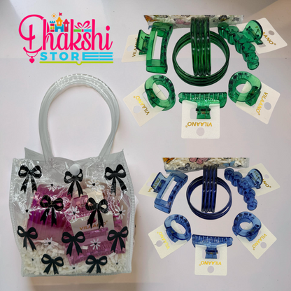 Premium Jelly Combo Set with Transparent Printed Gift Bag | 6mm Glass Bangles (8pcs) + 5 Designer Clutches