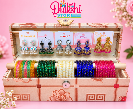 Raindrop Glass Bangles with Matching Jhumka Earrings – Set of 5 | Premium Gift Box