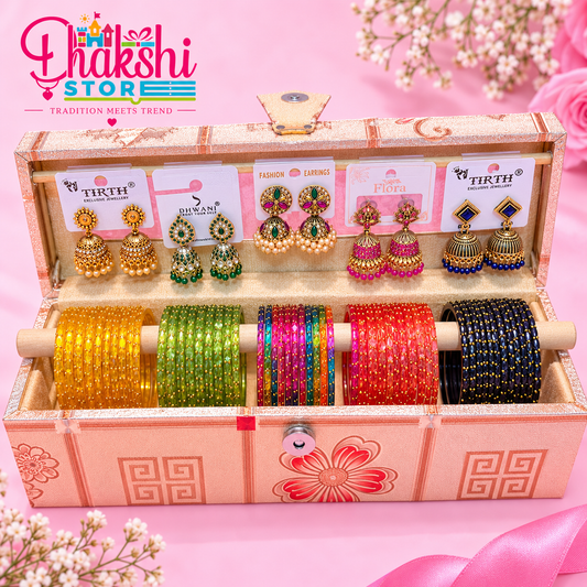 Raindrop Glass Bangles with Matching Jhumka Earrings – Set of 5 | Premium Gift Box